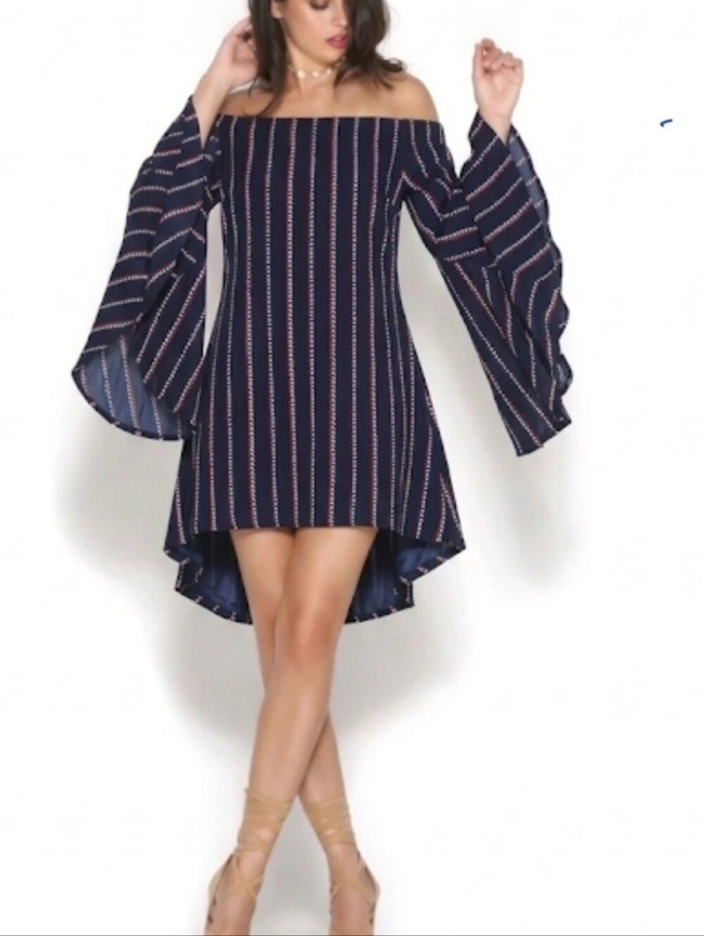 RUNAWAY Off The Shoulder Dress S 4 Navy Blue Striped Bell Sleeve High Low Mini